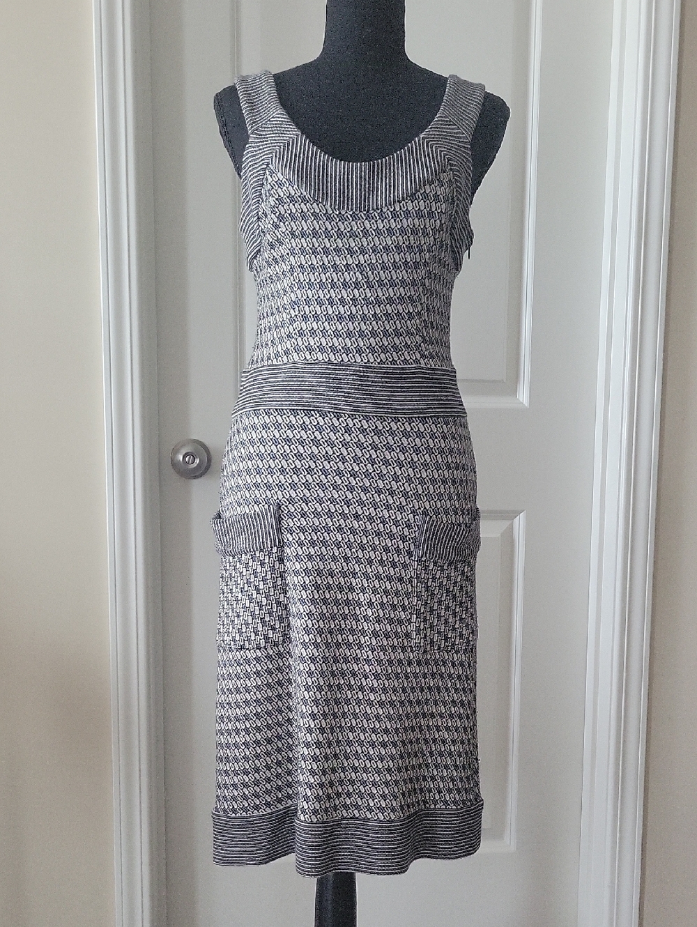 Diane Von Furstenberg Black, Navy and White Sleeveless Midi Knit Dress